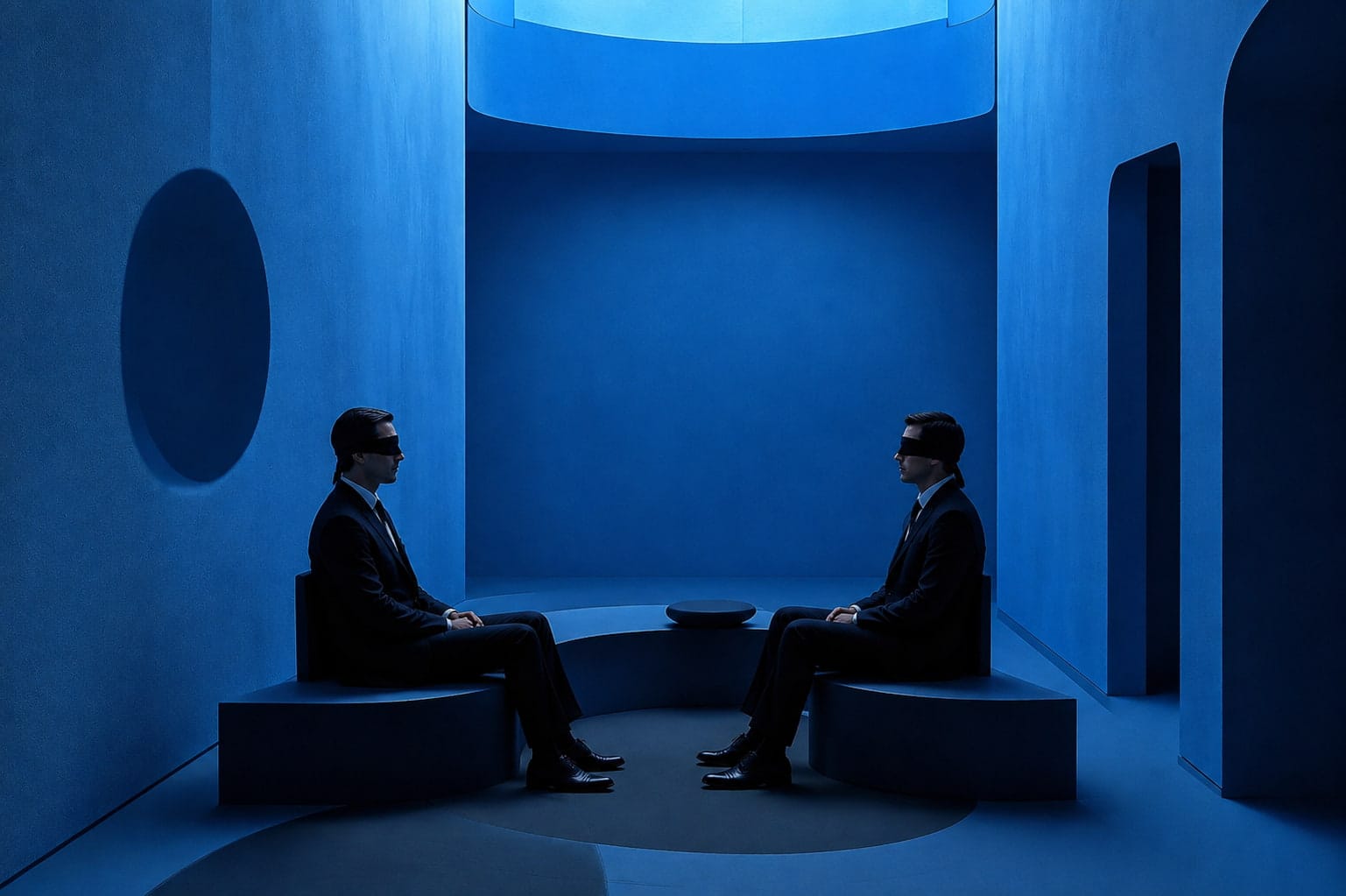 Two blindfolded businessmen sitting opposite each other in a futuristic blue room.