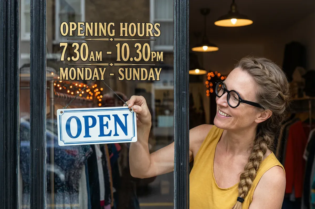 Qwen Image 2.0 Pro: Shop window with an OPEN sign and gold opening-hours lettering: the Pro version won all 9 believability judgments against Qwen Image 2. Qwen Image 2.0 Pro shown: generation 1 of 3.