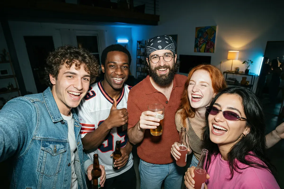 Qwen Image 2.0 Pro: Group selfie of five friends at a house party: GPT Image 2 won all 9 believability judgments. Qwen Image 2.0 Pro shown: generation 1 of 3.