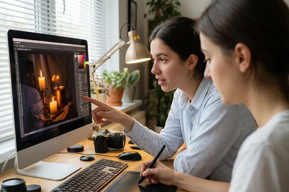 Qwen Image 2.0 Pro: Home office with two women at a monitor: the Pro version won 7 of 9 believability judgments against GPT Image 2. Qwen Image 2.0 Pro shown: generation 1 of 3.