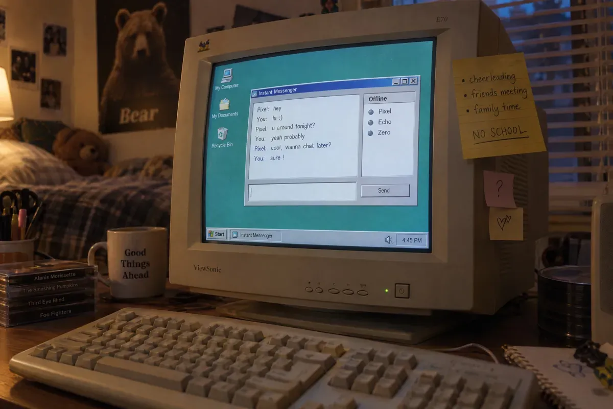 GPT Image 2.5 Sunburst: Late-nineties CRT monitor showing a desktop and an instant-messenger window: GPT Image 2.5 Sunburst won all 9 believability judgments against Qwen Image 2. GPT Image 2.5 Sunburst shown: generation 1 of 3.