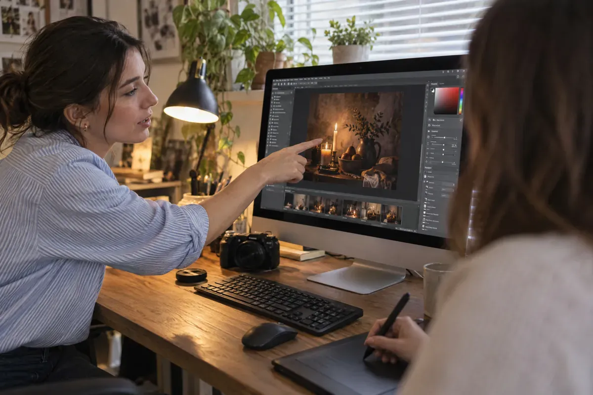 GPT Image 2.5 Sunburst: Home office with two women at a monitor showing a photo editor: GPT Image 2.5 Sunburst won all 9 believability judgments against GPT Image 2. GPT Image 2.5 Sunburst shown: generation 1 of 3.